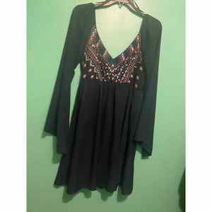 Navy blue long sleeved fit flare tunic elastic waist lined skirt